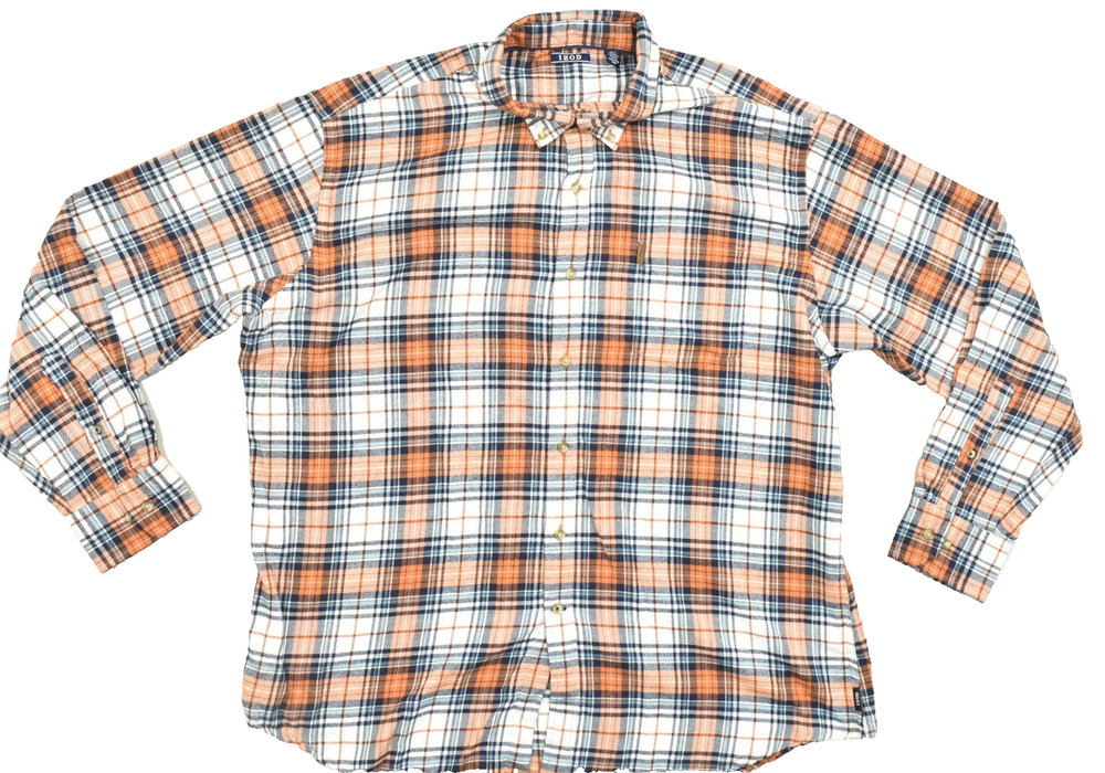 IZOD Men's XXL Plaid Flannel Button Down Shirt Orange Blue Long Sleeve Cotton